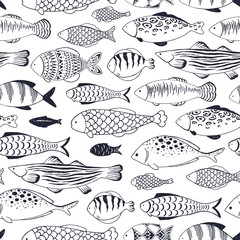 Seamless pattern with fishes doodle silhouette, vector illustration.