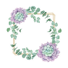 Floral wedding invitation card with rose,cotton,succulent,eucalypyus leaves in watercolor style. Botanical template with golden frame and flowers for invite, greeting and covers, poligraphy.