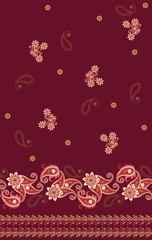 Seamless border with paisley and mandala on dark purple background. Indian, russian motifs. Print for fabric. Ethnic style.