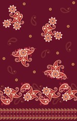 Seamless border with ornate paisley ornament on dark purple background. Print for fabric. Ethnic style.