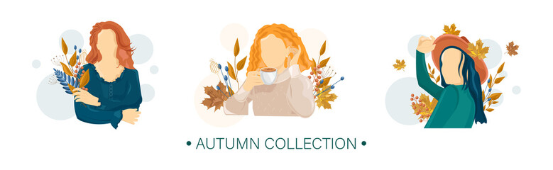Women autumn Vector flat style characters set. Beauty lifestyle portraits illustrations
