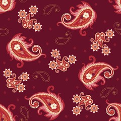 Ethnic seamless pattern with red paisley and abstract flowers on purple background. Print for fabric.