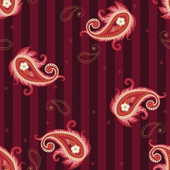 Seamless striped pattern with red paisley and tiny abstract flowers on purple background. Print for fabric.