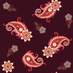 Elegant seamless pattern with mandala, paisley and flowers on dark purple background. Print for fabric.