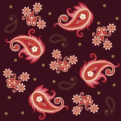 Seamless pattern with paisley, mandala and tiny abstract flowers on dark purple background.