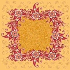 Bandana print, tablecloth or pillowcase with ornamental paisley frame on golden background. Indian, russian motifs. Ethnic style.