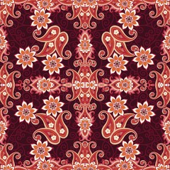 Bright seamless ornament with decorative border, paisley and mandala flowers on dark lace background. Tapestry, print for fabric. Ethnic style. Indian, russian, turkish motifs.