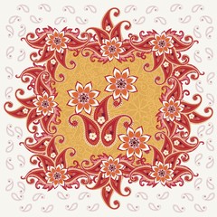 Beautiful pattern in russian style. Paisley and mandala flowers on golden background in ornamental frame.