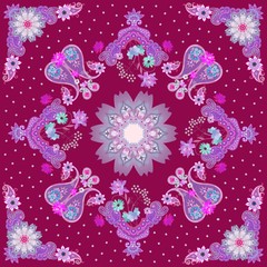 Ornate shawl in Indian style. Quirky ornament with paisley, delicate garden flowers and a mandala on a purple background.
