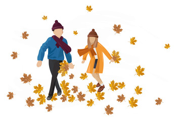 Kids playing outdoors autumn Vector. Happy fall lifestyle illustrations