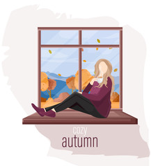 Woman at the window autumn Vector flat style. Fall season lifestyles