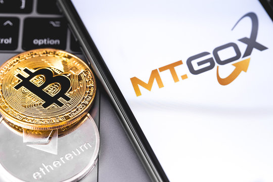 MT.GOX logo of exchange on the screen smartphone. MT.GOX is popular largest cryptocurrency exchange on the market. Moscow, Russia - February 13, 2019