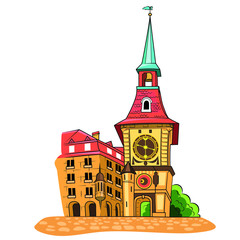Vector sketch of the Zytglogge tower in the canton of Bern. Clock Tower Illustration