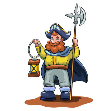 Night watchman vector drawing. Guard with a lantern and a halberd