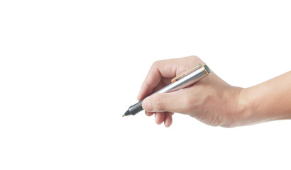Hand with pen on a white background