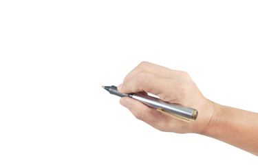 Hand with pen on a white background