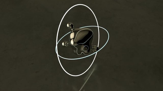 Bright stylised scientific atom animation. Atom circle magic shining rotation around on black background.