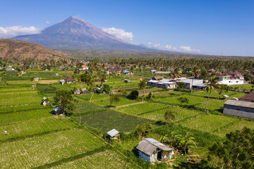 Fototapeta na wymiar Dramatic view of Mt Agung volcano rising above the rice paddies in north Bali, near Amed, in Indonesia, Southeast Asia