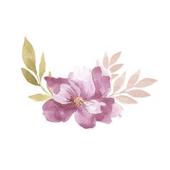 Hand painted realistic flower and leaves. Watercolor trendy purple composition.  Floral clipart perfect for invitations, cards, logo, posters and more projects.