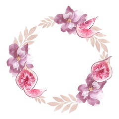 Watercolor round wreath with abstract flowers anf figs. Perfect for cards, wedding invitation, posters, save the date or greeting design. Summer flowers with space for your text.