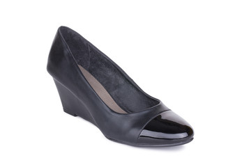 Pair of classical woman leather wedge boots booties shoes. Two isolated.