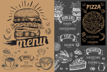 Restaurant food menu design, hand drawn illustrations.