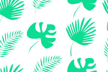 Vector set of tropical leaves. Seamless pattern of green leaves.