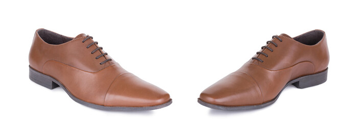 Pair of classical brown red laced autumn man leather ankle boots shoes. Two isolated.