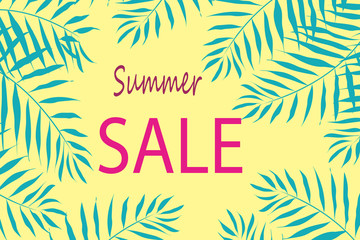 Fototapeta na wymiar Sale banner, poster with palm leaves. Summer discount background. Vector illustration.
