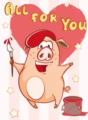 Foto op Plexiglas Happy Birthday Card Little Pig Painter. Vector Greeting Card. Happy Moment. Congratulation. © liusa