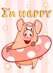Happy Birthday Card Little Pig with Gift Pie. Vector Greeting Card. Happy Moment. Congratulation