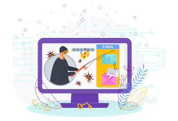 Tiny man with a fishing rod steals a letter from a mailbox