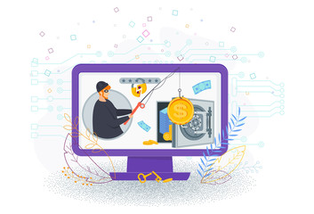 Tiny male thief with a fishing rod steals money from a bank safe