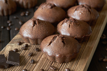 A group of homemade chocolate muffins on a wooden board with coffee beans and pieces of chocolate. Dark wooden background, closeup, selective focus
