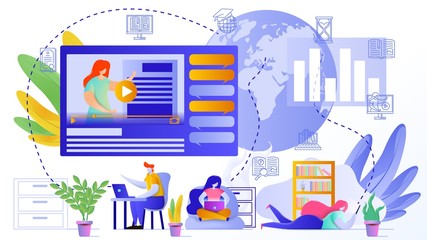 Design concept of the online education. Flat vector illustration showing people studying at home or office.