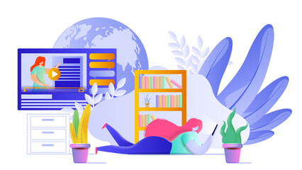 Flat vector illustration showing woman watching educational videos in the living room. Online education design concept.