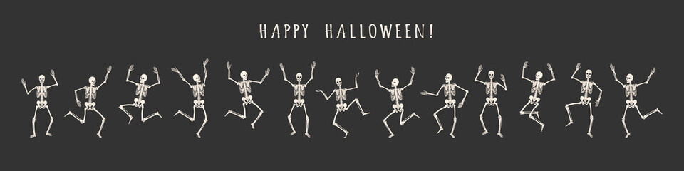 Banner of 13 dancing and jumping skeletons isolated on a black background. Happy Halloween. Vector illustration - obrazy, fototapety, plakaty