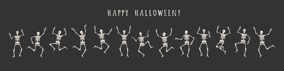 Fototapeten Banner of 13 dancing and jumping skeletons isolated on a black background. Happy Halloween. Vector illustration © Olga