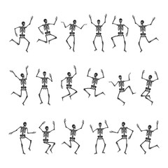 Set of 18 dancing, running and jumping black skeletons. Happy Halloween. Vector illustration is isolated on a white background