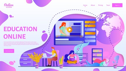 Online education webpage template. Flat vector illustration showing a group of people studying remotely.