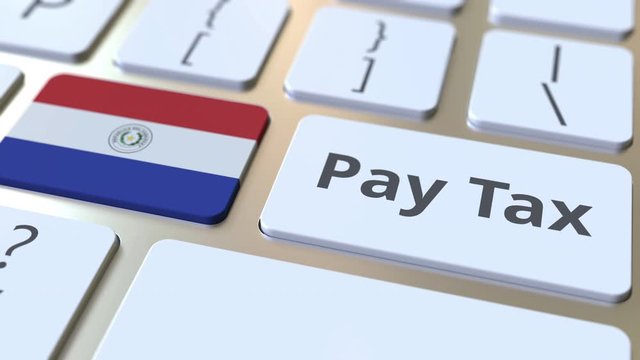 PAY TAX text and flag of Paraguay on the buttons on the computer keyboard. Taxation related conceptual 3D animation