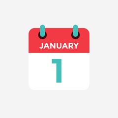 Flat icon calendar 1st of January. Date, day and month. Vector illustration.