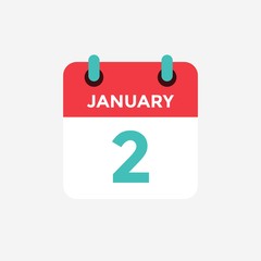 Flat icon calendar 2 January. Date, day and month. Vector illustration.