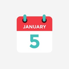 Flat icon calendar 5 January. Date, day and month. Vector illustration.