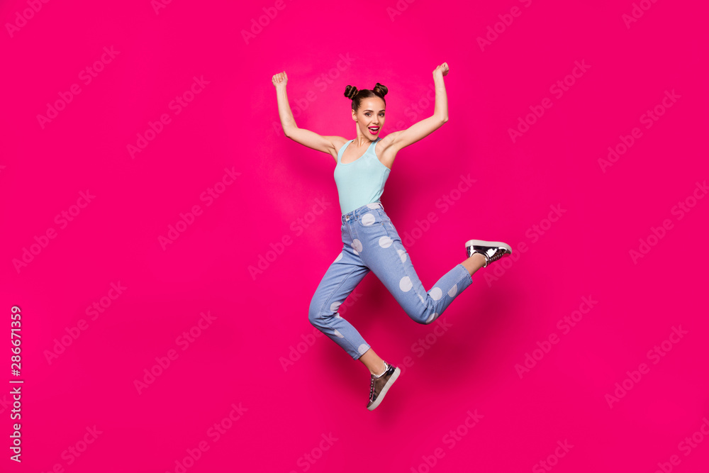 Sticker full size photo of pretty lady raising hands fists wearing blue singlet isolated over fuchsia backgr