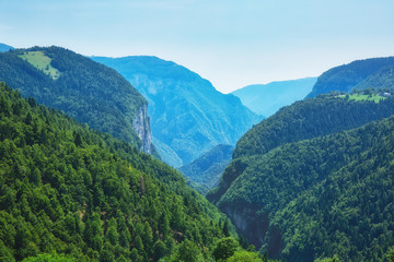 Scenic view to the mountain valley, summertime outdoor background
