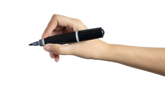hand holding black magic marker pen ready to writing something isolated on white background with copy space, studio shot, side view