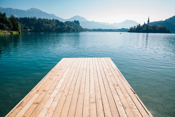 Lake Bled and wooden deck in Slovenia