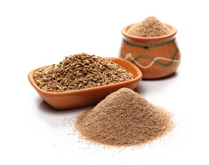 Spelt bran, grains and powder in clay pot isolated on white background