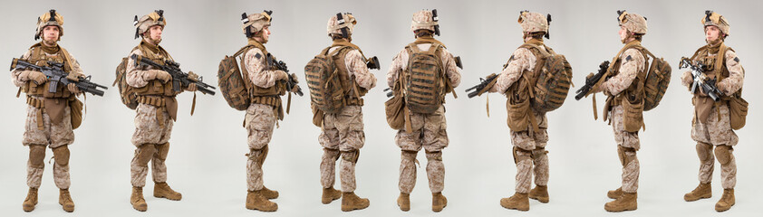 US marines forces soldiers with rifles on grey background. Shot in studio. Collage